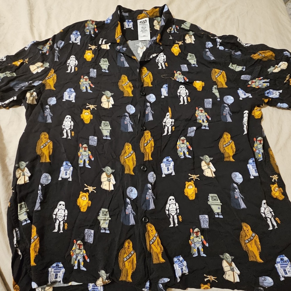 Disney Parks Star Wars Camp Shirt Button Down XL Chewbecca C3P0 R2-D2 NWT